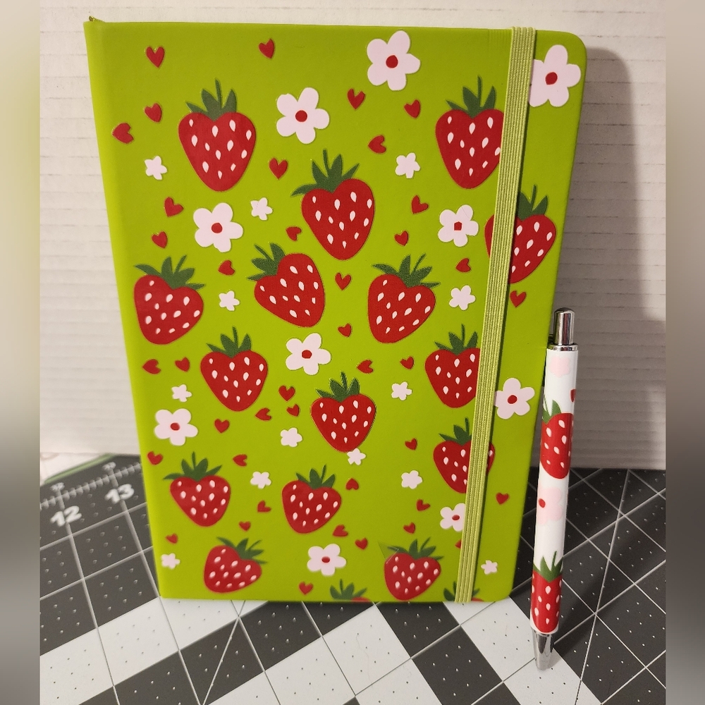 Strawberry Patterned Green Journal with Pen